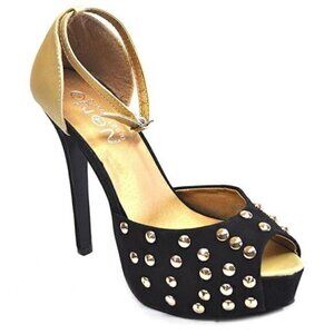 SOS High Heels Studded Black Gold Peep Toe Trendy